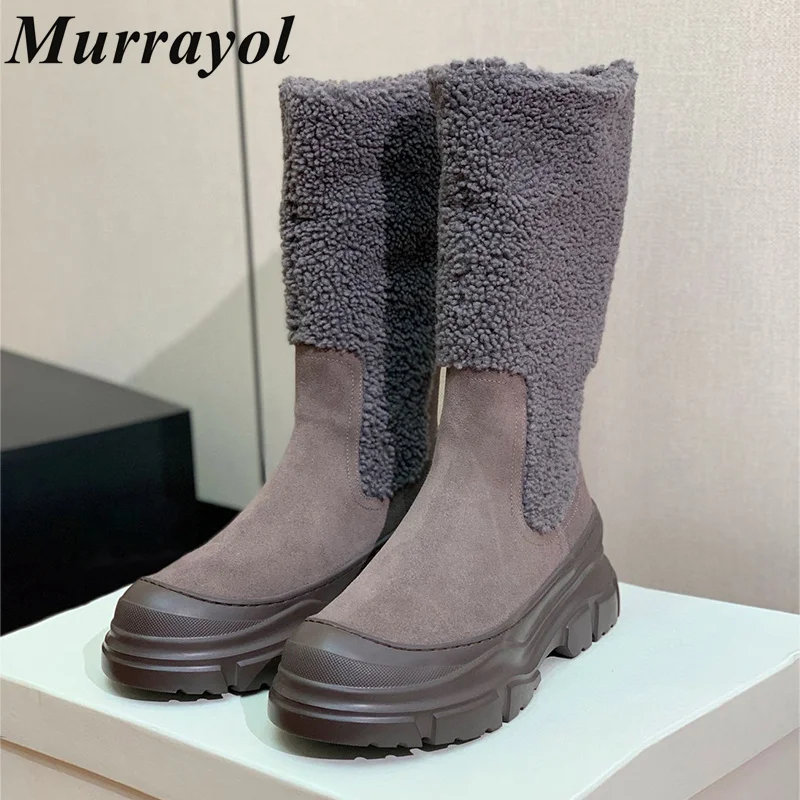 

Genuine Leather Splicing Thick Bottom Snow Boots Women Round Toe Fur Non-slip Mid-Calf Boots Autumn Winter Warm Short Boats