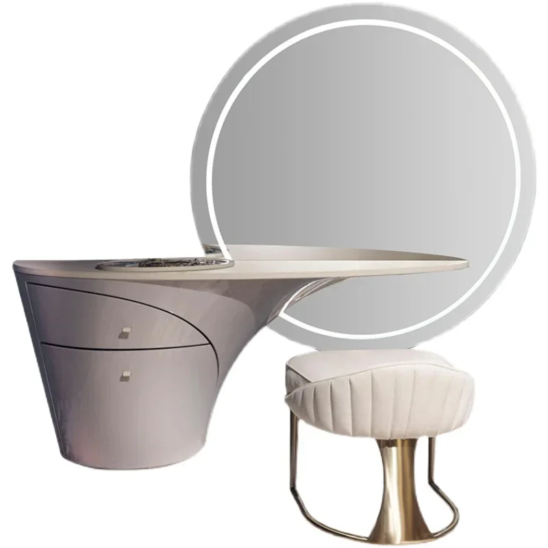 Grand ensemble de coiffeuse rond à LED en cuir gris, miroir spécial moderne