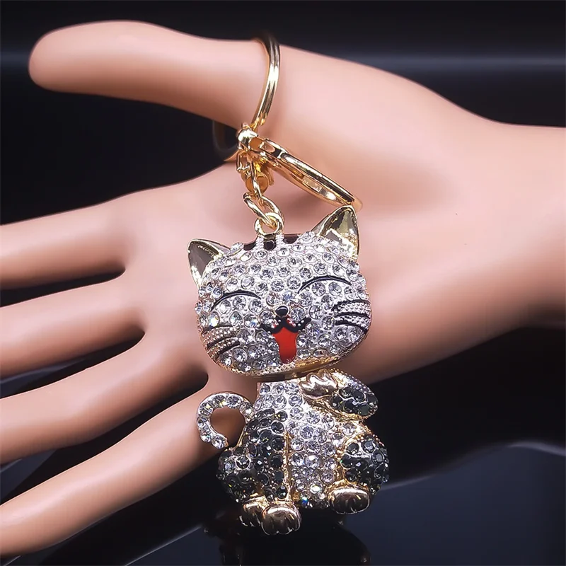 Cartoon Cat Keychain Rhinestone Gold Color Cute Kitty Keyring Holder Creative Gift Fashion Jewelry llaveros para mujer