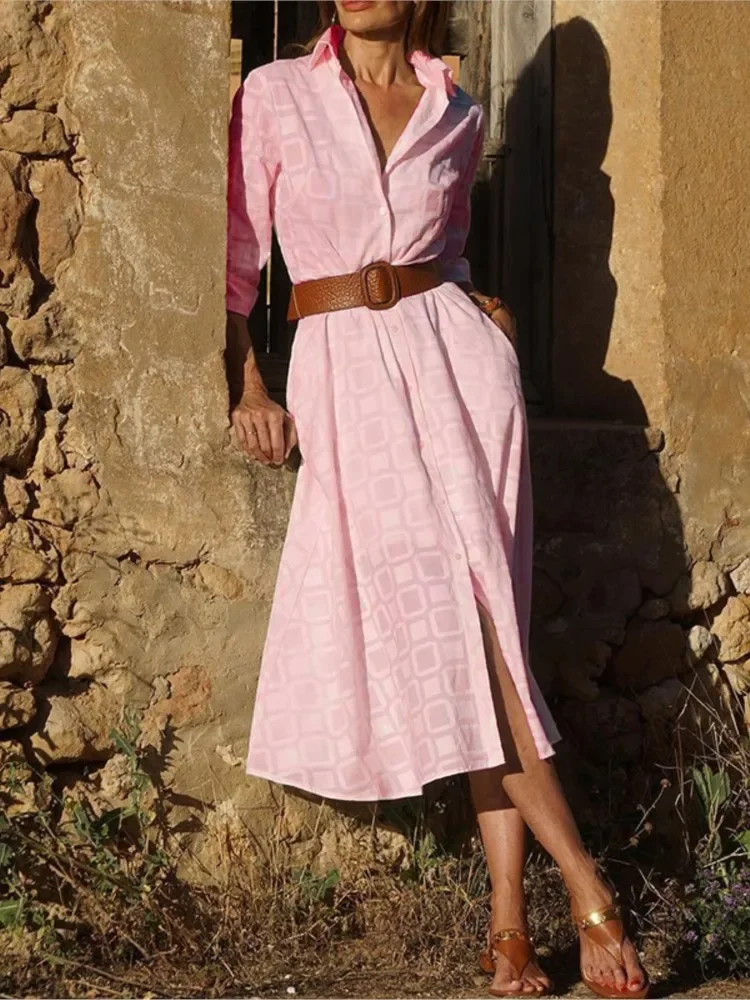 Otoño Invierno nueva moda mujer dibujo a cuadros medio largo camisa de un solo pecho vestido Casual de manga larga con bolsillos