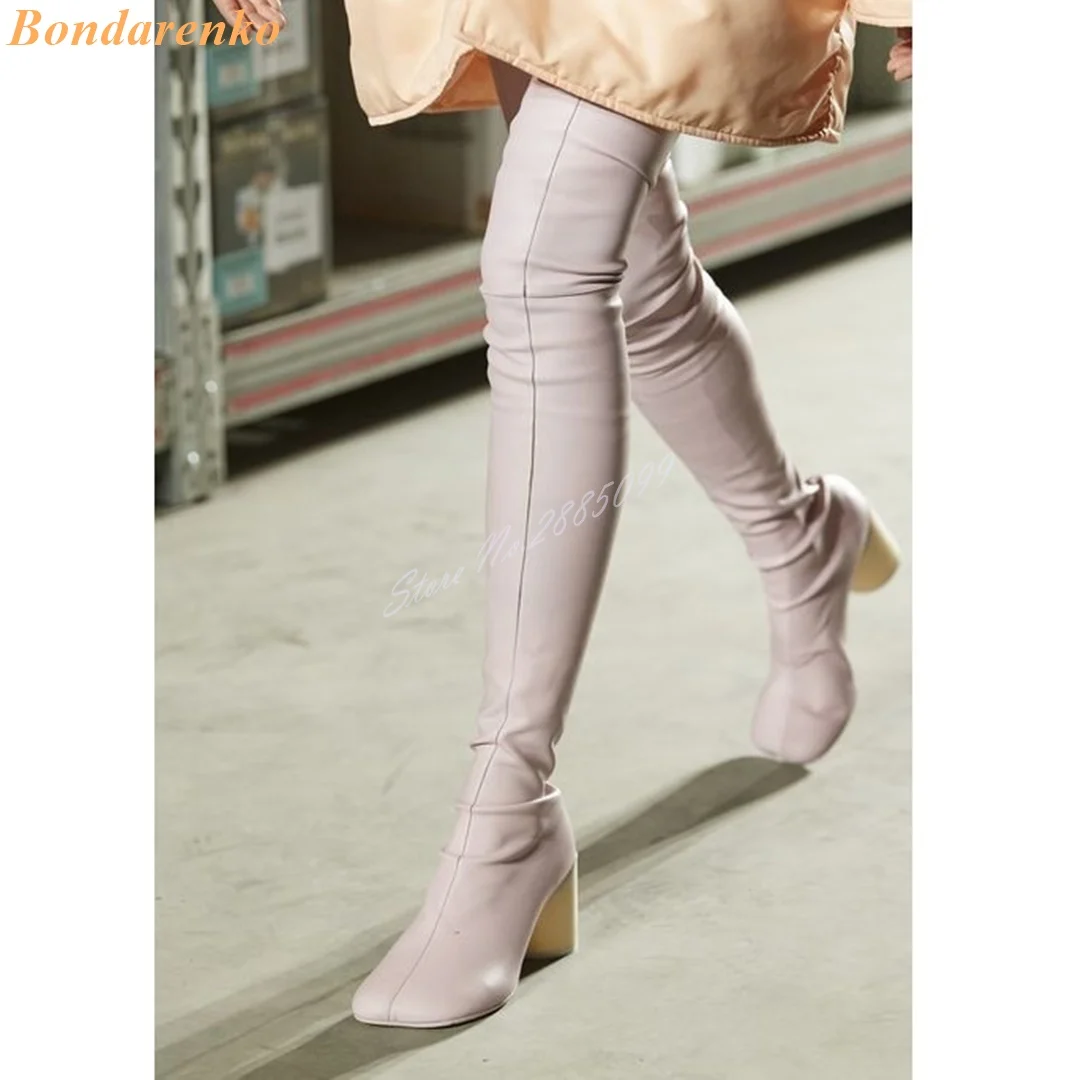 

Round Heels Square Toe Boots Fitted Genuine Leather Over The Knee Elastic Boots Women Sexy Shoes Runway Designer Party Fashion