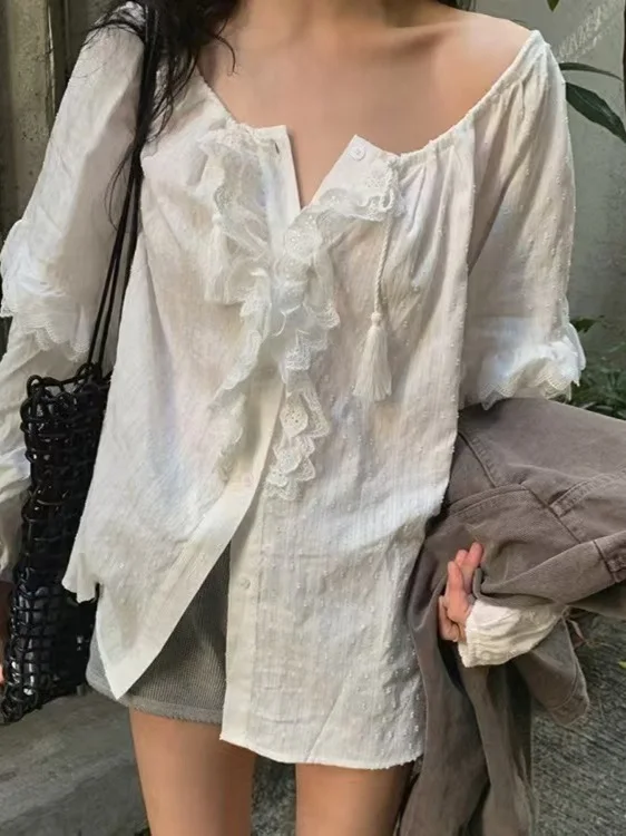 

Embroidered irt Women's Dstring Loose Slimming Agel Lace Trim Splicing Top Cotton Long Sve round Ne Commute Sle