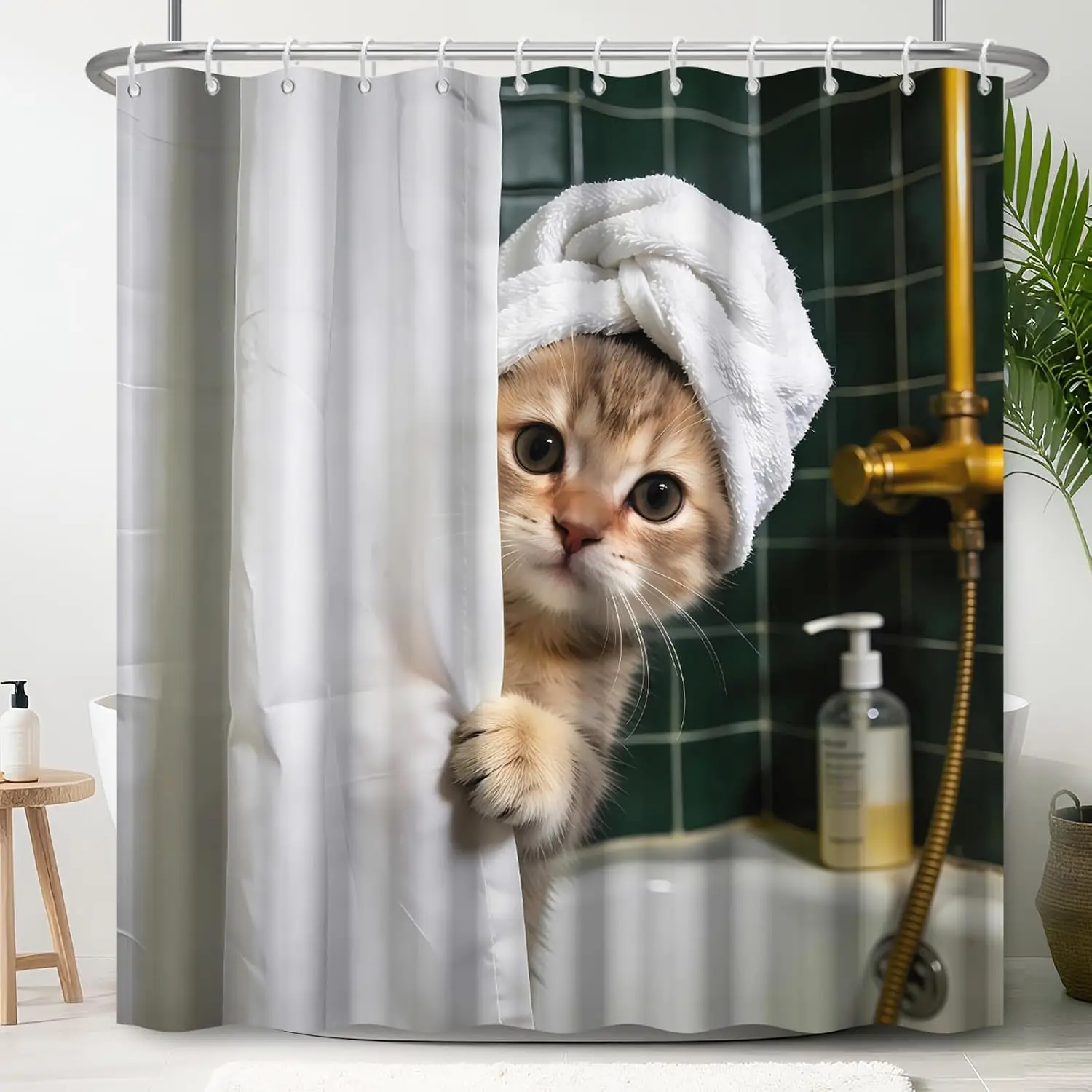 Peeking Cat Shower Curtain,Sweet Kitten Wrapped Towel On Head,Green Grid Tile Golden Faucet Bathroom Waterproof Partition