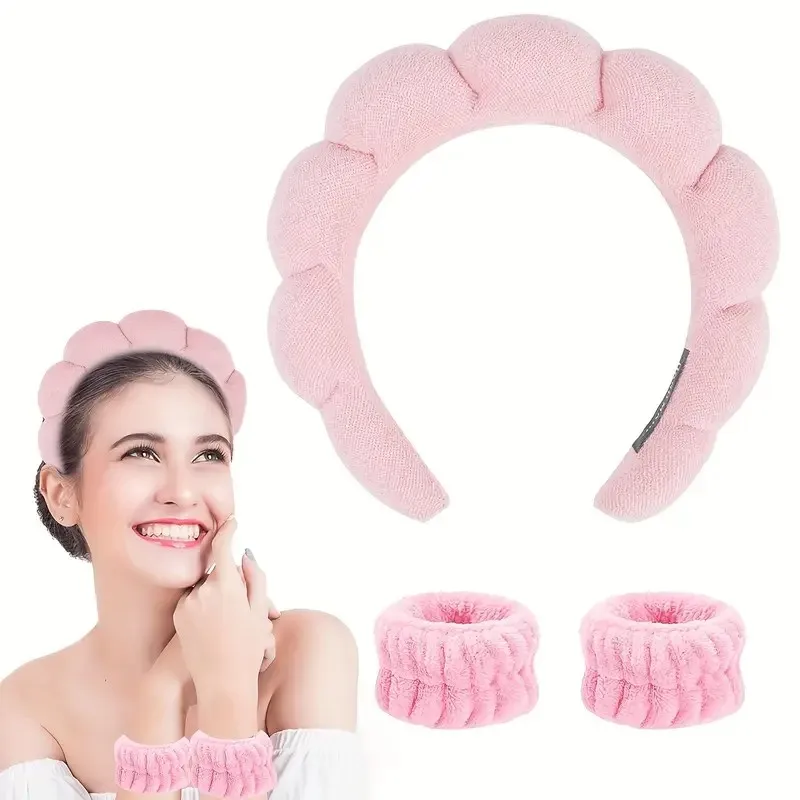 3pcs/Set Puffy Headband With Wristband Sponge Terry Towel Cloth Fabric Headband Set For Washing Face Skincare Spa Wear Makeup