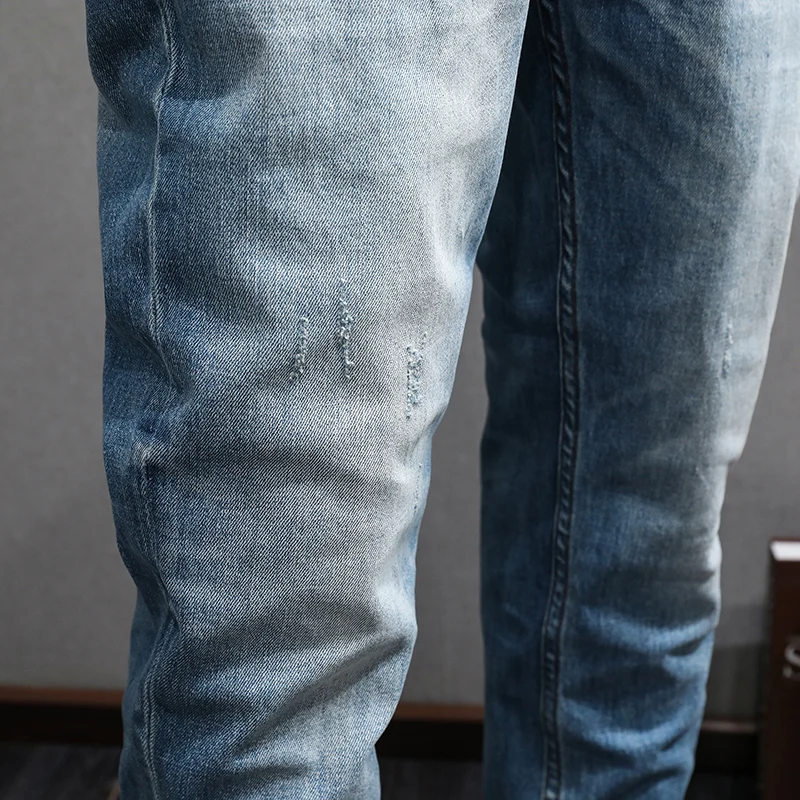 Newly Vintage Fashion Men Jeans Retro Blue Stretch Slim Ripped Jeans Men Classical Trousers Designer Casual Denim Pants Hombre