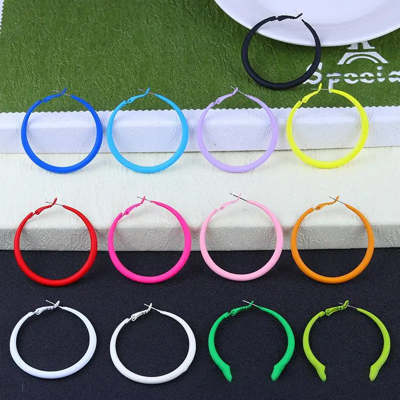 New Summer Colorful Neon Hoop Earrings Pink Blue Green Yellow New Design Large Circle Earrings for Women Girl Rock Punk Jewelry