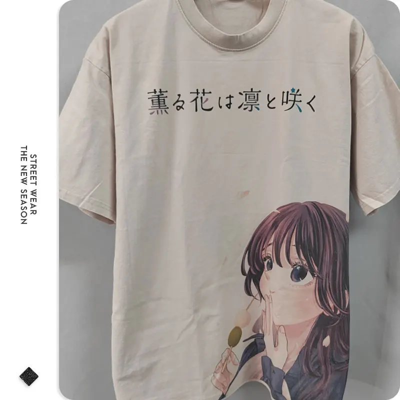 Anime Fragrant Flower Blooms with Dignity T Shirt Waguri Kaoruko Vintage Washed Tops Tees Oversized Short Sleeve T-shirt Girl