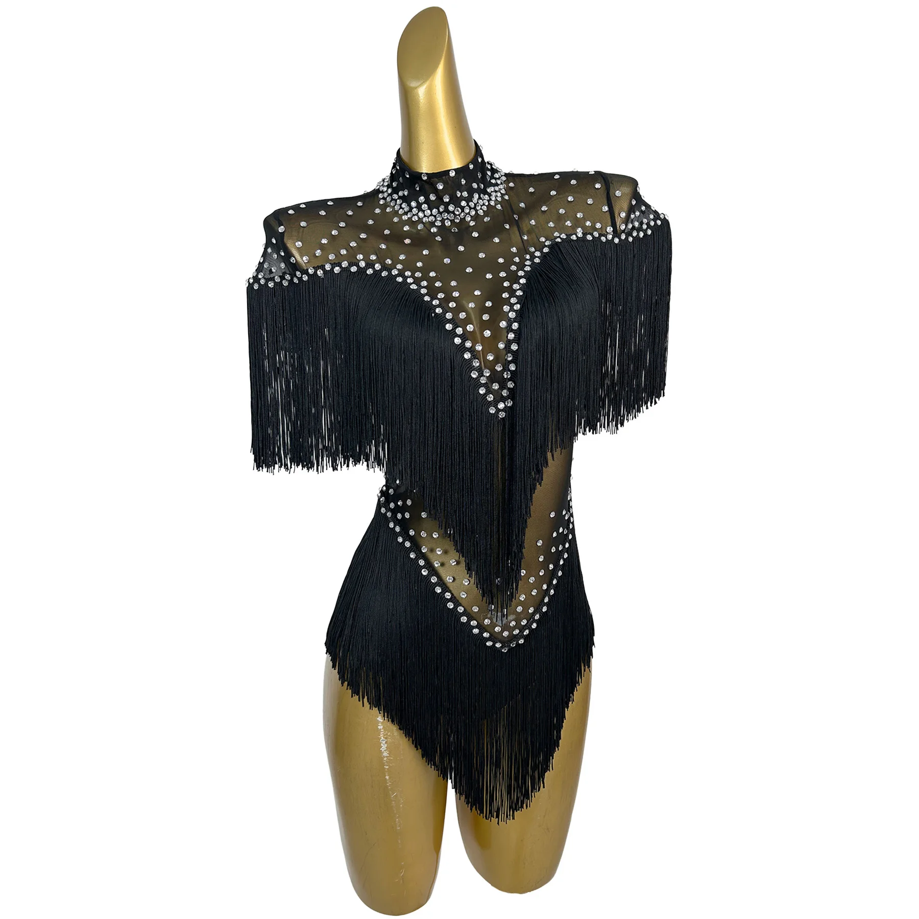 Women Mesh Fringe Tight Fitting Bodysuit Sparkly Rhinestone Perspective Latin Dance Stage Drag Queen Performer Costume Caizhuang