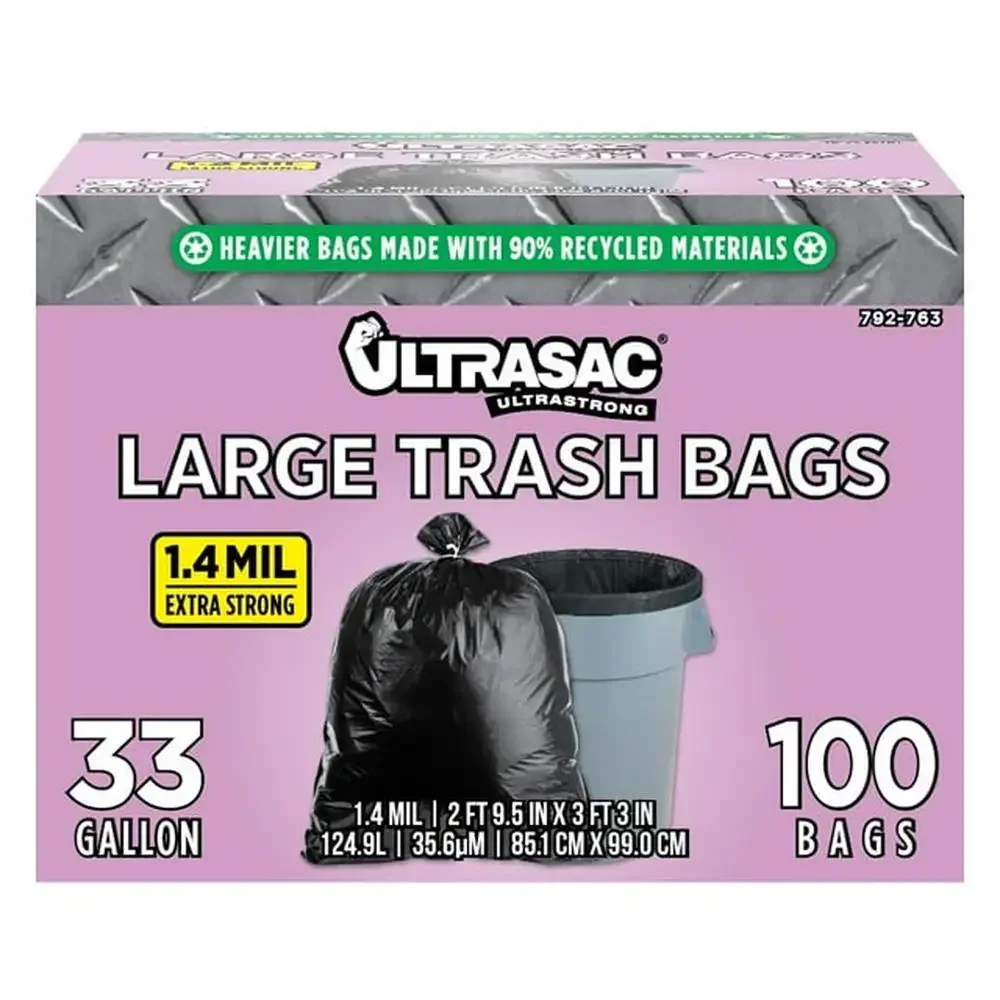 

Professional Grade 33 Gallon Trash Bags Heavy Duty 100 Pack 33" x 39" Black Gusset Sealed Eco-Friendly Versatile Kitchen/Garage
