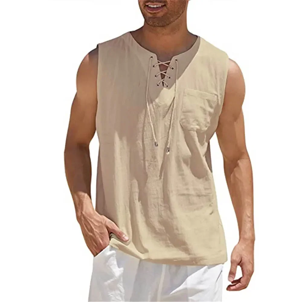 Summer Linen Shirts Men\'s Casual Leeveless Vest Bandage Lace Up Blouse Retro V Neck Fashion Loose Shirt Male SolidColor Tees Top