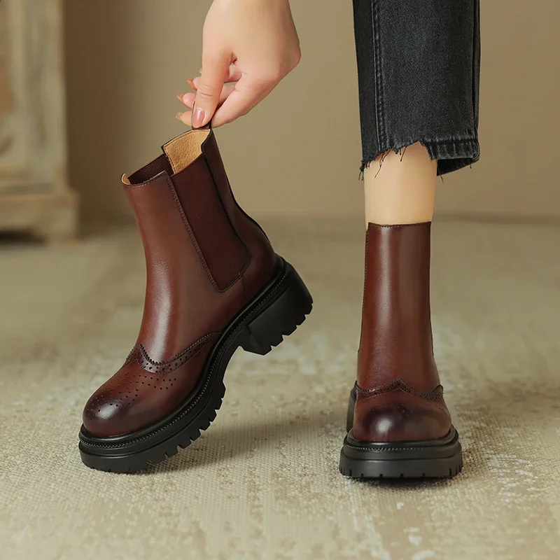 Big Size 41 42 43 Chelsea Boots Women Genuine Leather Slip-on Chunky Heel Fall Winter Gift Female Fashion Ankle Boot Shoes