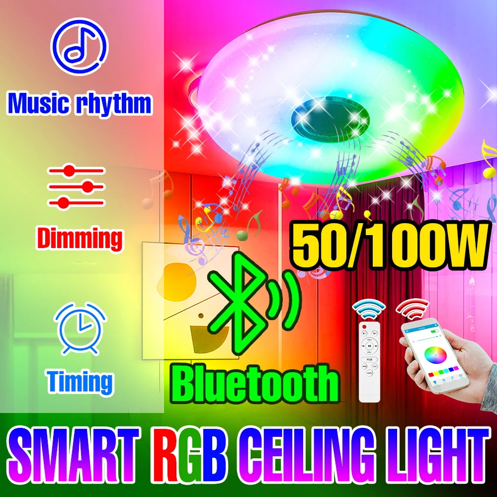 

100W RGB Smart Lamp LED Round Ceiling Light Chandelrs Bluetooth Conection APP Remote Control Dimming Home Kitchen Decor Lighting