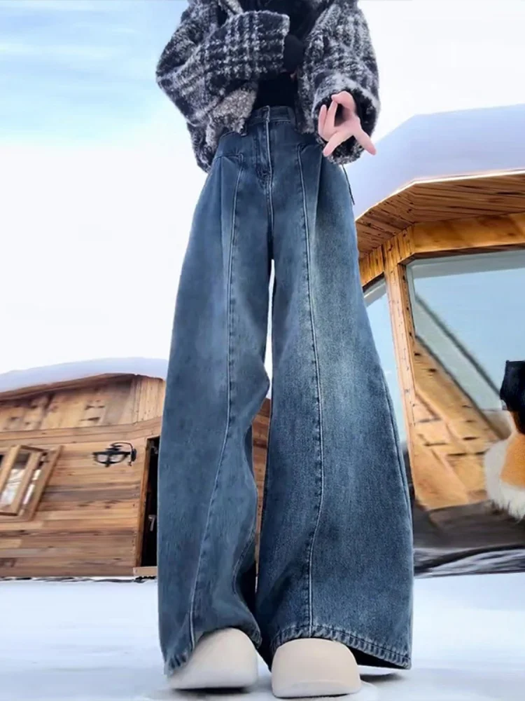 

plus Size Fleece Lined Thick Denim Jeans High Waist Loose Women's Straight Leg Wide Leg Pants Winter Slimming Cleanfit Style