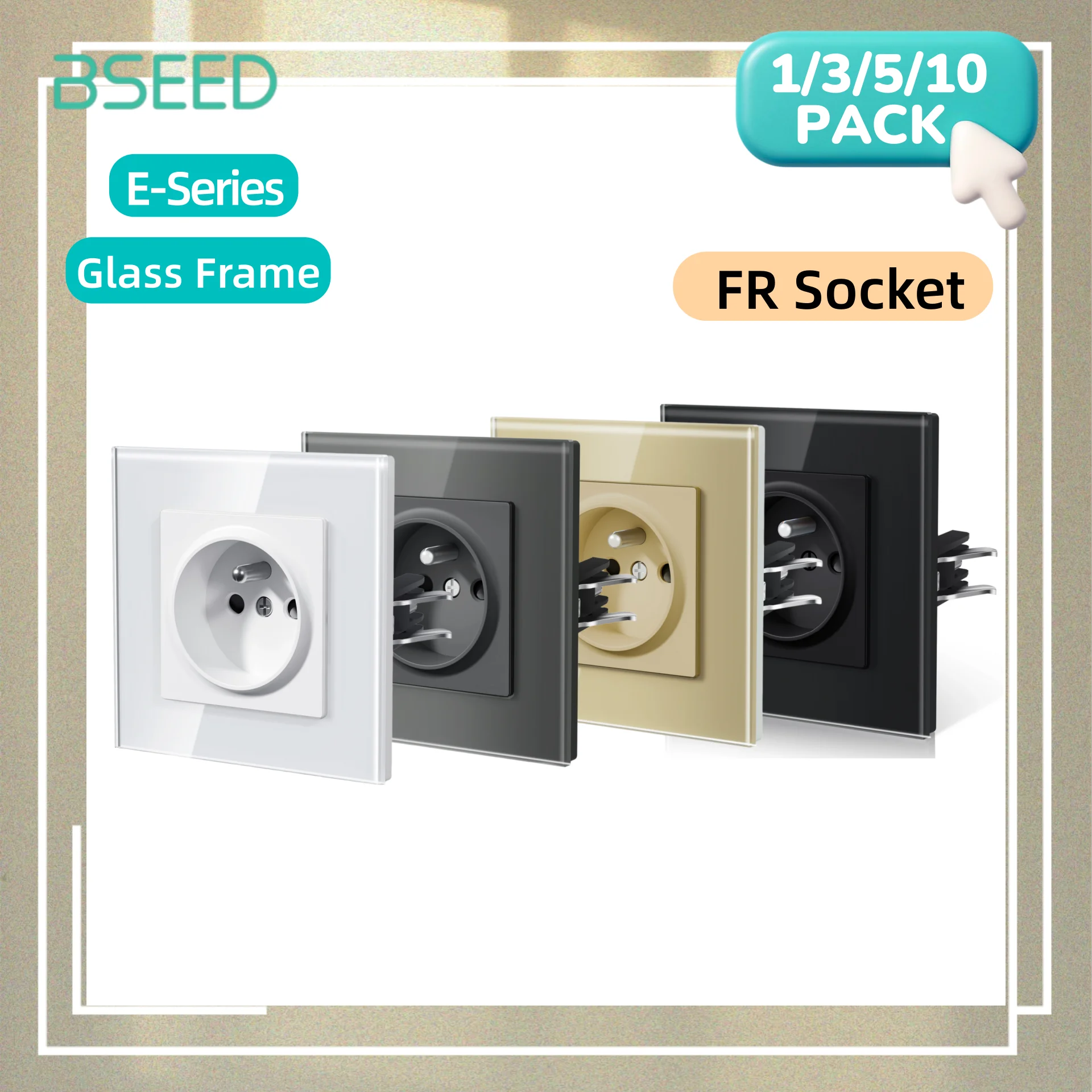 BSEED E Series 16A French Socket 86mm Single Power Outlets FR Standard Electric Socket Crystal Glass Wall Socket 1/3/5/10 Pack