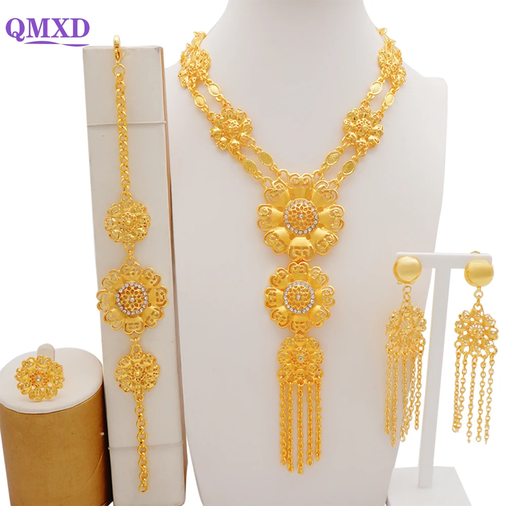 Luxury Crystal Flower Dubai Gold Color Jewelry Sets For Women Bridal Long Tassel Necklace Sets African Arab Wedding Party Gifts