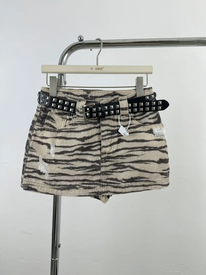 Summer New High Street Zebra Pattern Denim Short Skirt with Holes A-shaped Skirt