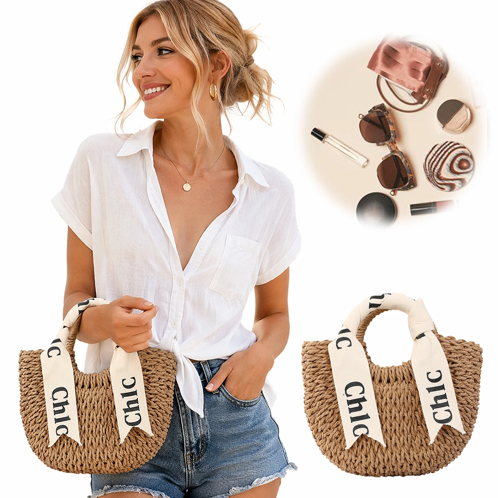 Woven Half Moon Rattan Beach Bag Women Handwoven Straw Tote Handbag with Letter Ribbon Lining Boho Vacation Bag Medium Size