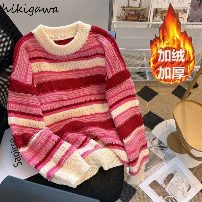 Korean Jumper Striped Knitwear Pullovers Women Sueter Mujer Casusl Thicked Knit Oversized Sweater Tops Autumn Winter Clothing