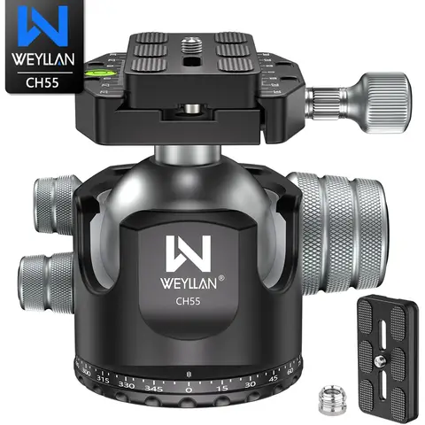 WEYLLAN 카메라용 헤비 듀티 삼각대 볼 헤드 마운트, 알루미늄 360 ° 파노라마 1/4 모모포드, Arca Swiss Plate, CH55 55mm