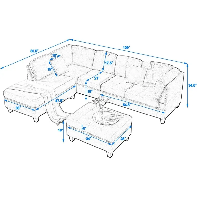 Living Room Furniture Sets,Modular Sectional Sofa Set,L-Shape Couch Set with Storage Ottoman and Two Small Pillow.