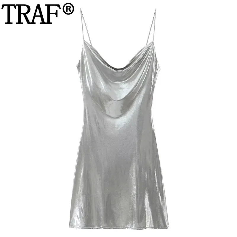 TRAF Silver Sexy Short Dresses Daring Sleeveless Slip Dress Woman Gold Backless Cocktail Prom Dresses Ruched Summer Mini Dress