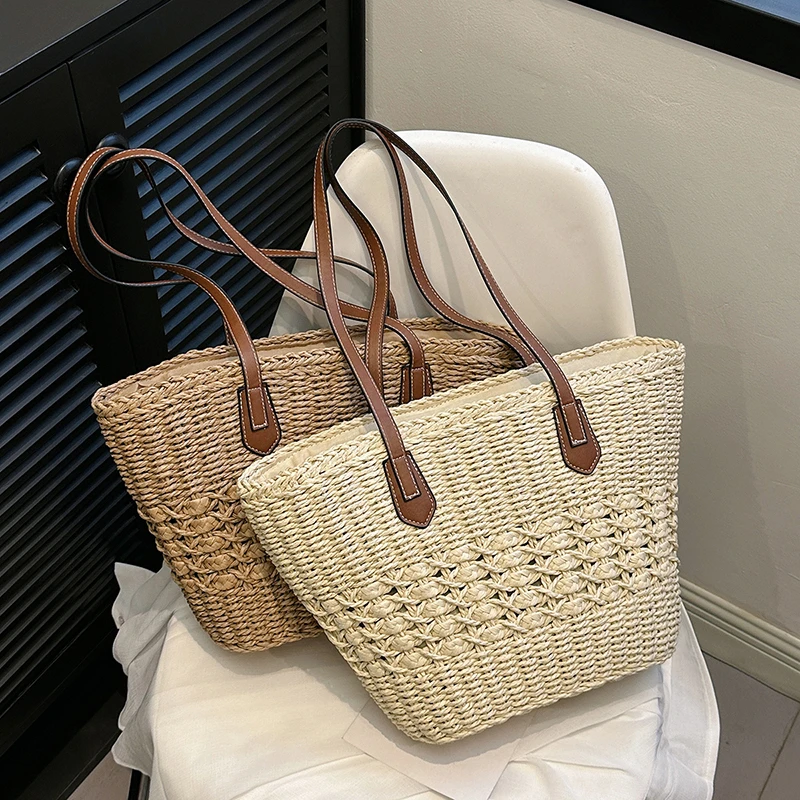 Straw Woven Large Capacity Shoulder Bags Zipper Solid PU Straps Simple Fashion Handbags for Women 2024 Casual Versatile Tote