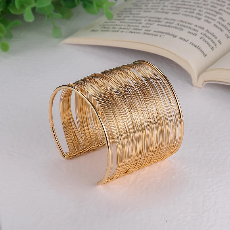 Punk Exaggerated Gold Color Opening Wires Bracelets for Women Hip Hop Simple Vintage Cuff Bangles Trendy Party Casual Jewelry