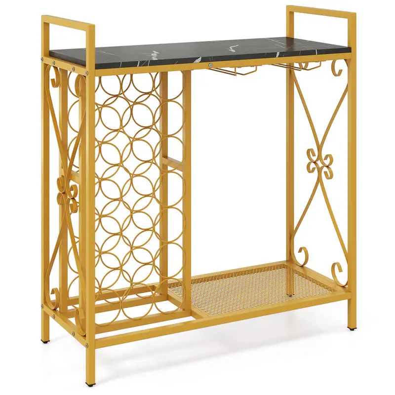 

21 Bottle Wine Rack Freestanding Floor Wine Bottle Organizer with Glass Holder-Golden