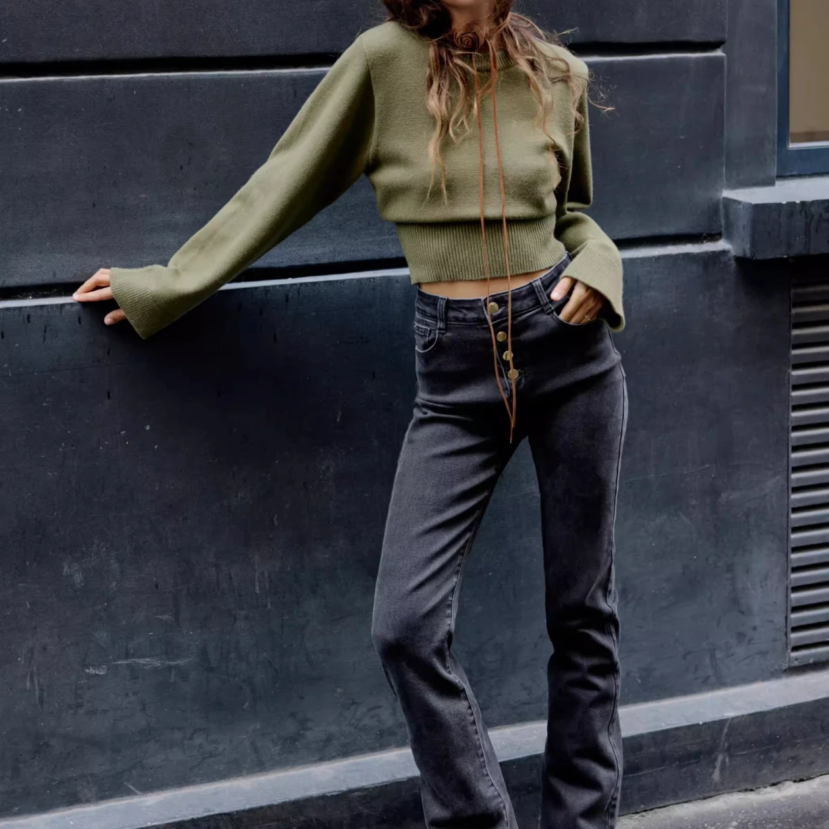 Spring Women's Casual Waed Effect A-Line Pants High Waist Spirituous Flared Jeans Commute Sle Zipper Closure Long Trousers