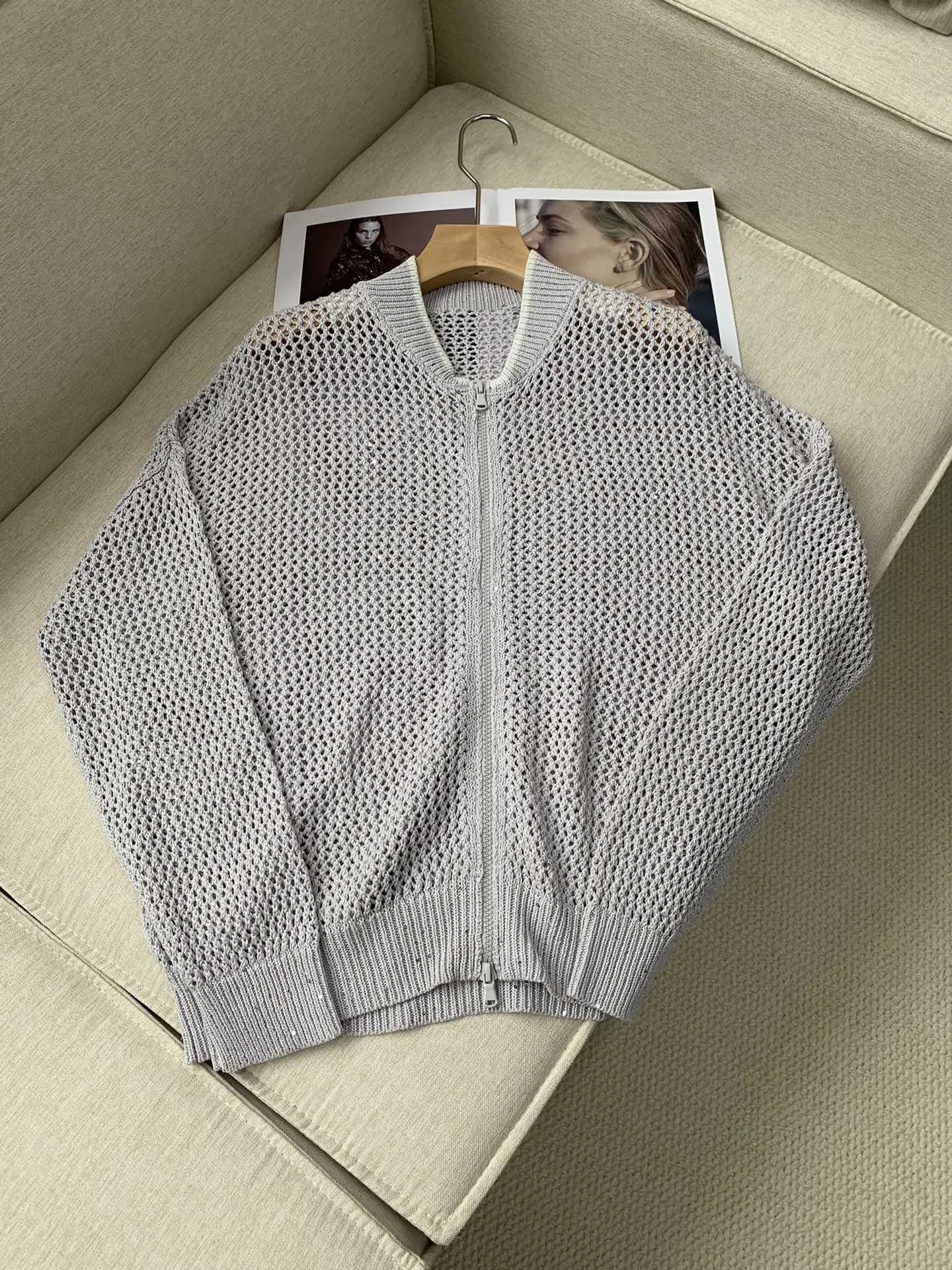 Hollow Out Women Knitted Cardigan Linen Blend Stand Collar Long Sleeve Loose Ladies Sweater