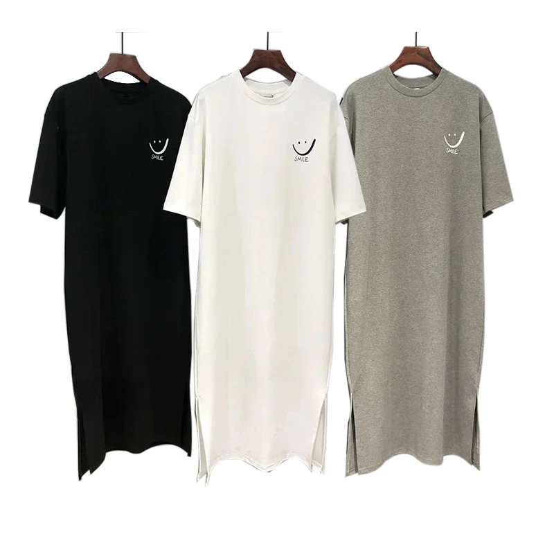 Mooie zomer veelzijdige Academiestijl korte mouw losse Koreaanse print split middellange jurk T-shirt dames casual comfortabel S