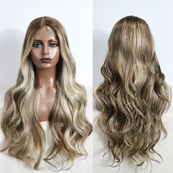 Synthetic Cosplay Lace Front Wigs For Women Long Body Curly Wavy With Baby Hair Lace Wig Brown Ombre Blonde Wigs Heat Resistant