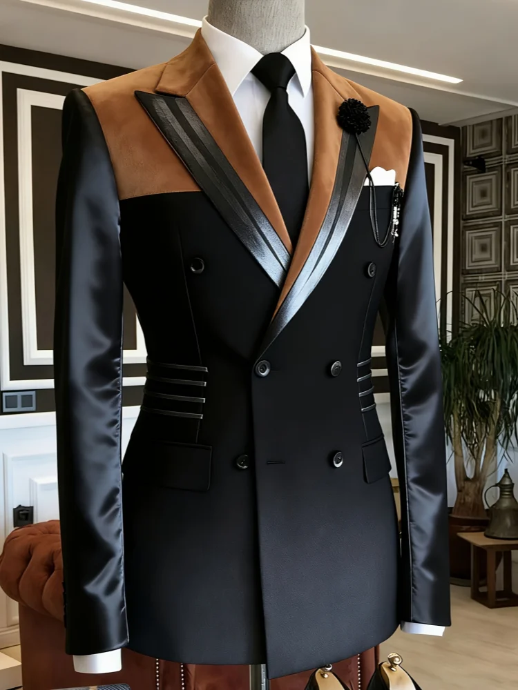 Men Multi‑Panel Contrast‑Trim Peak‑Lapel Double‑Breasted Slim‑Fit Wedding Formal Blazer Jacket