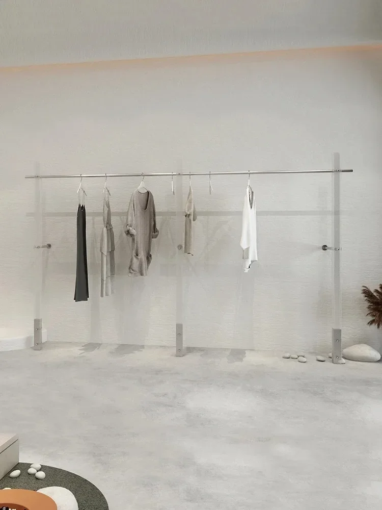 Clothing Store Display Rack Wall Stainless Steel Shelf Acrylic Floor Rack Display Hanging Hanger Silver