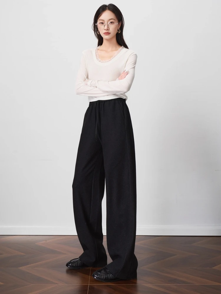 OLrain سراويل تقليدية نسائية 2025 خريف شتاء جديد متعدد الاستخدامات مستقيم السراويل جيوب بسيطة الصلبة فضفاضة طويلة بنطلون O57QK001369