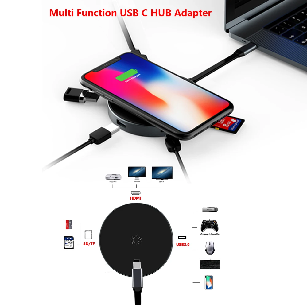 Colorii USB C HUB 5W Wireless Charging Type C HUB Docking Station Fast Charging HDMI USB 3.0 HUB 5Gbps for PC Laptop MacBook pro