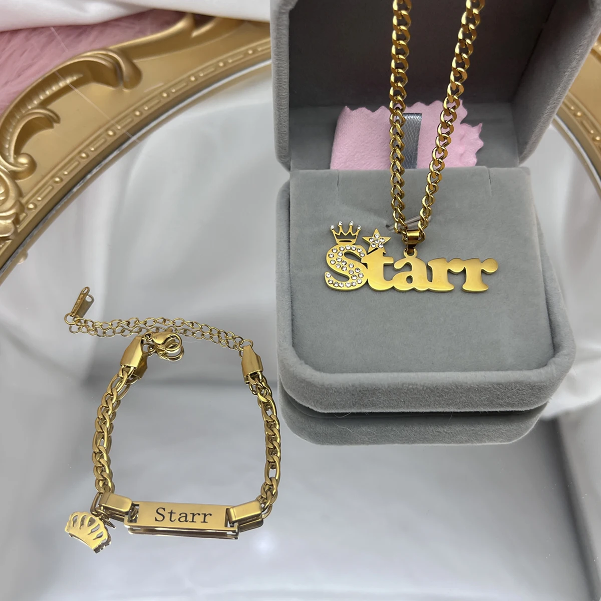 Customised Nameplate Suit Custom Baby Name Necklace Zircon Stainless Steel Cuban Chian BIG Crown Star Charm Bracelet for Kids