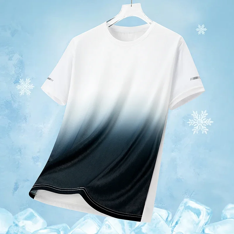 Fashion New Men's Gradient Black To Mint Green Sports T-Shirt Quick Dry Short Sleeve Athletic Workout Tee Trend Streetwear Tops