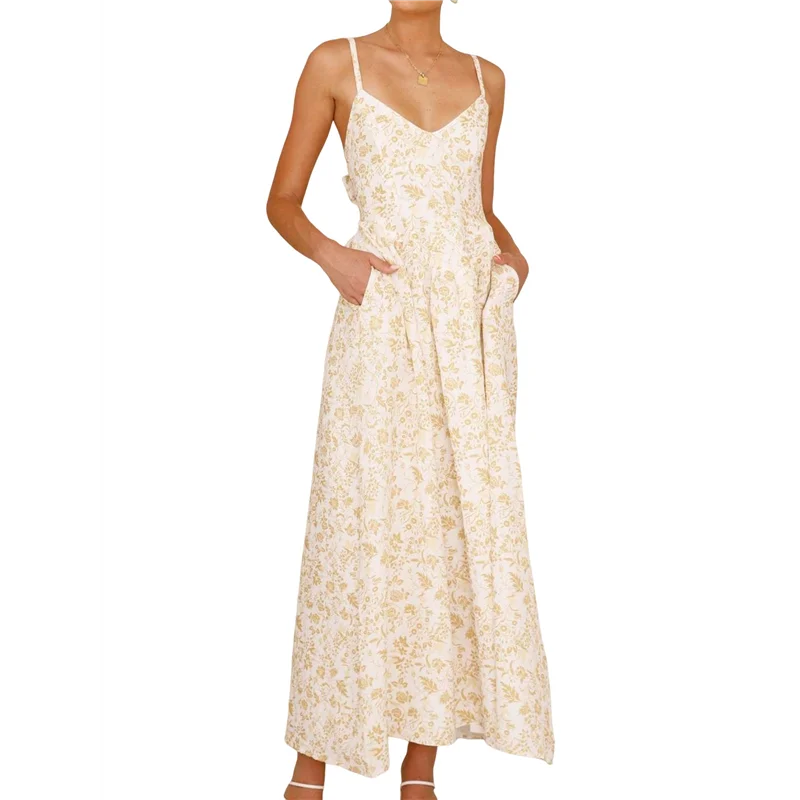 A09P Womens 2025 Summer Maxi Dress Sleeveless Floral Smocked Boho Beach Long Dress