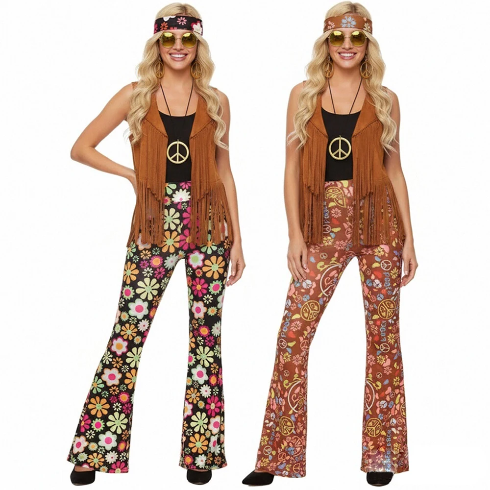 

Mardi Gras Costumes 60S 70S Hippie Clothes Disco Cosplay Costumes Indian Fringe Vest Earrings Sunglasses Pants Party Accessories