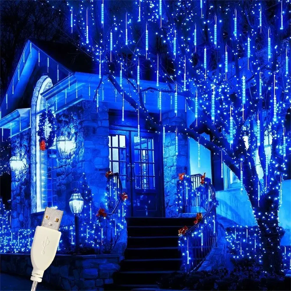 

LED Meteor Shower USB Operated Fairy Holiday Lighting 2025 Christmas Tree Home Decoration Wedding Garden Bedroom Decoration