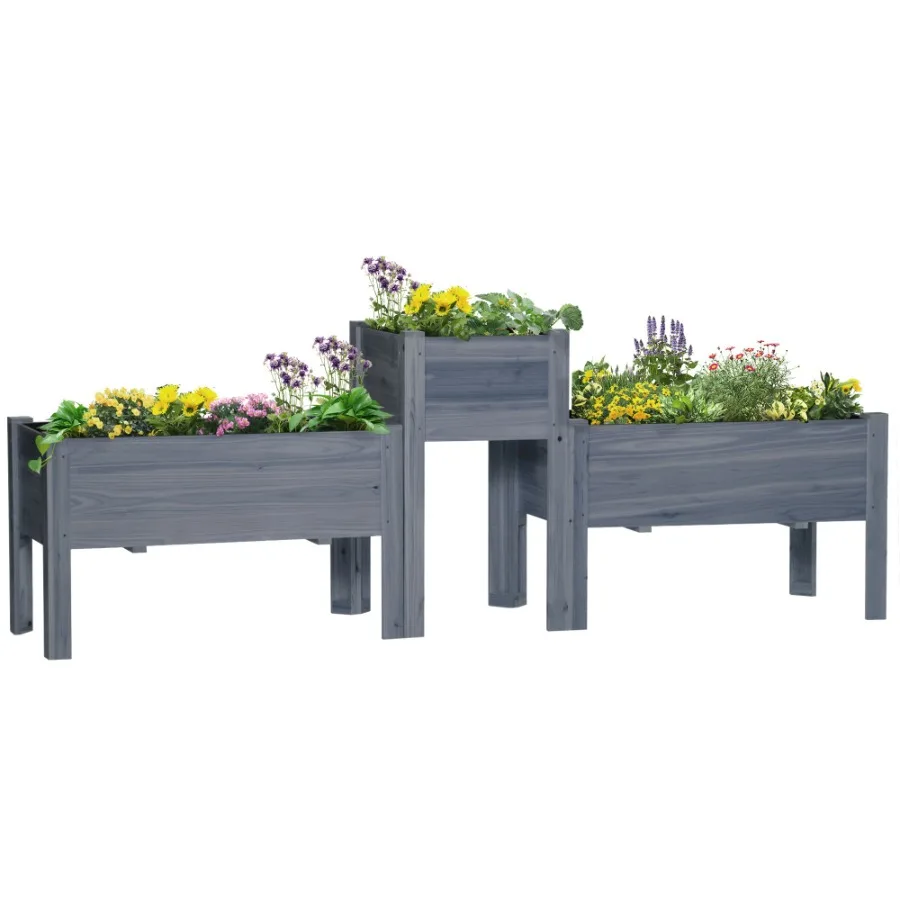 

Wood Raised Garden Bed Set of 3 with Legs Planter Box Gray for Vegetables Herbs Backyard Patio