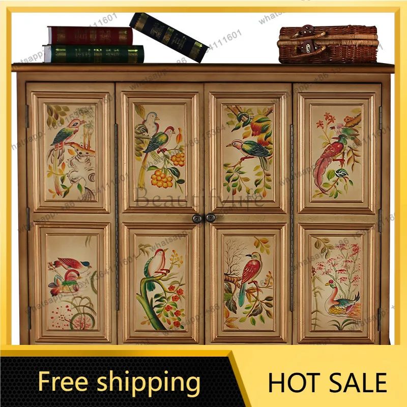 LS American furniture flower and bird four-door shoe cabinet retro porch side hand-painted furniture storage cabinet
