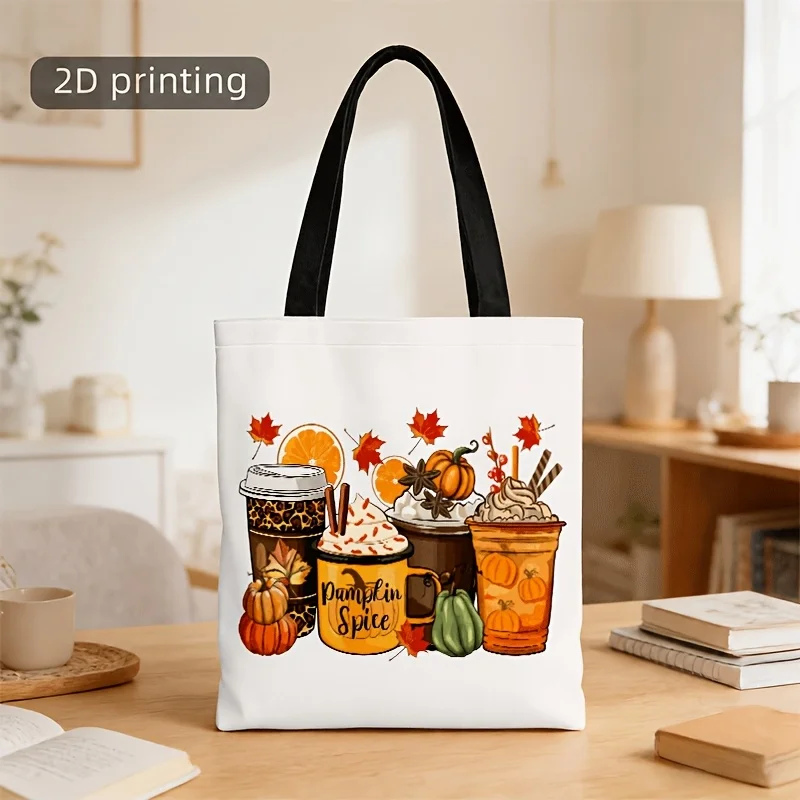 Autumn Pumpkin Spice Coffee Canvas Tote Bag Fall Maple Leaf Pumpkin Print Handbag Reusable Casual Shoulder Bag Thanksgiving