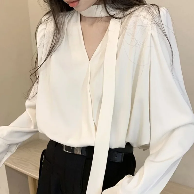 Elegant and Youth Woman Blouses Office Lady Oversized White Shirts Chic Long Sleeve V-neck Tops Korean Review Many Clothes