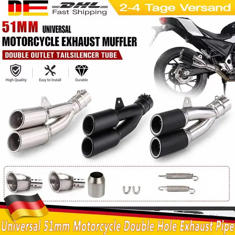 Image of 51mm Universal Motorrad Doppelloch-Auspuffrohr Echappement Moto Motorrad-Schalldämpfer mit DB-Killer für Benelli 502C R1 R3 R25 CBR650R G310GS MT07 ZX25R DL650 VERSYS 650