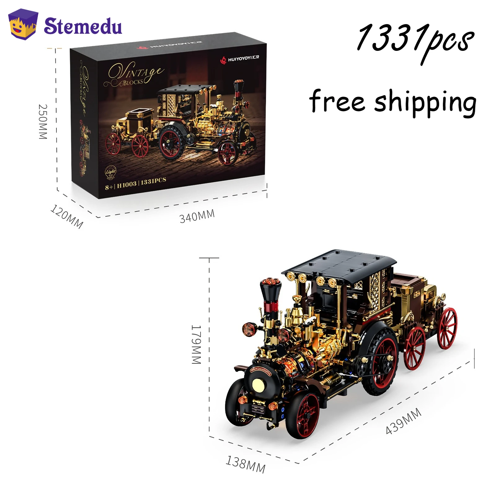 

1331PCS New Retro Steam Car Building Blocks Classic Vintage Vehicle Model with Light Effect Art Display Bricks Toy for Gift