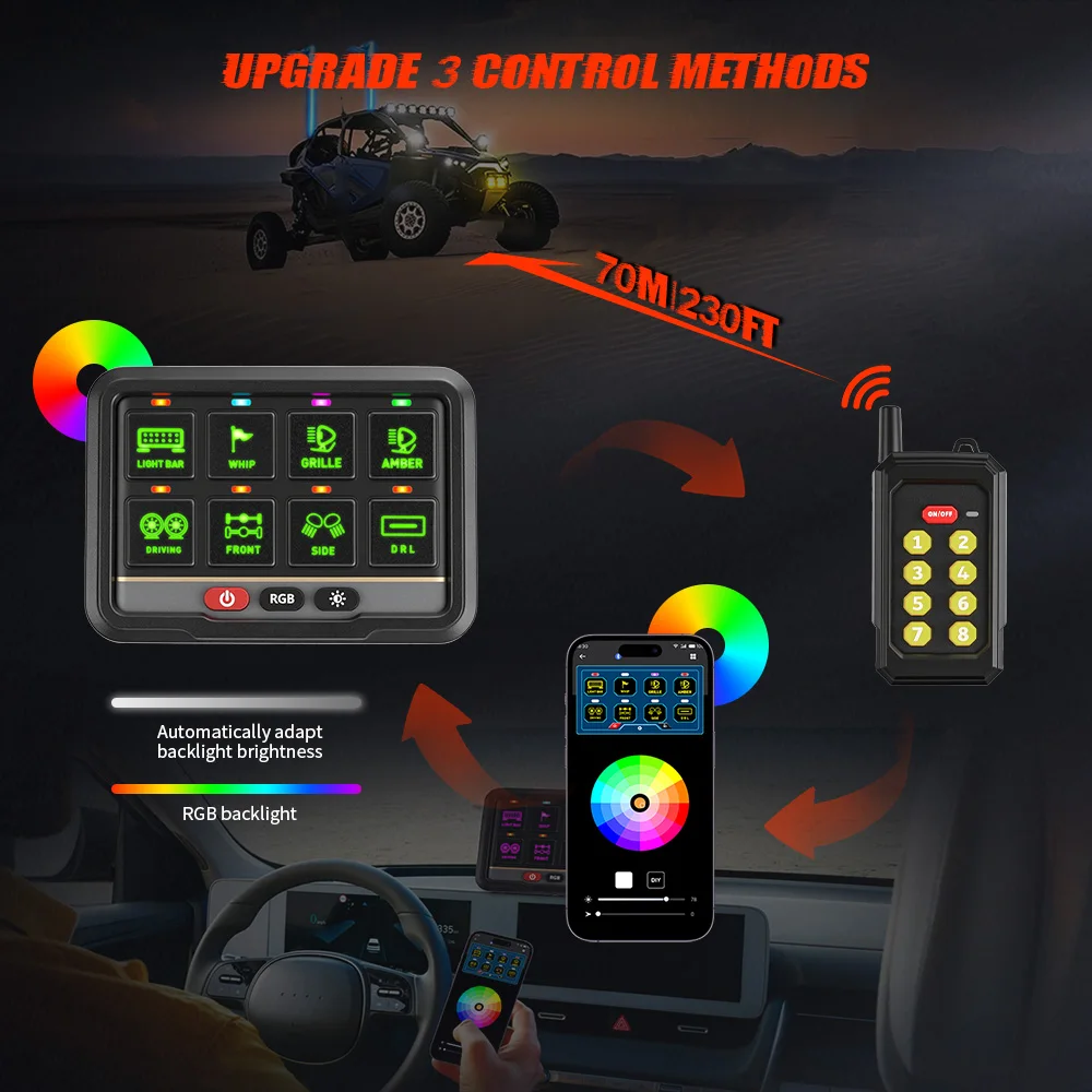 New12V 24V Off Road Car APP Control RF Remote Control 6 Gang 8 Gang Programmable Automotive Panel Wireless Switch