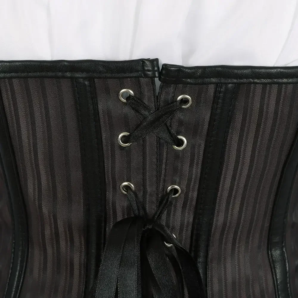 Steampunk Corset Blouse Set Striped Bustier Lace Trim Corsage Underbust Women's Bachelorette Party Outfit Carnival Costumes