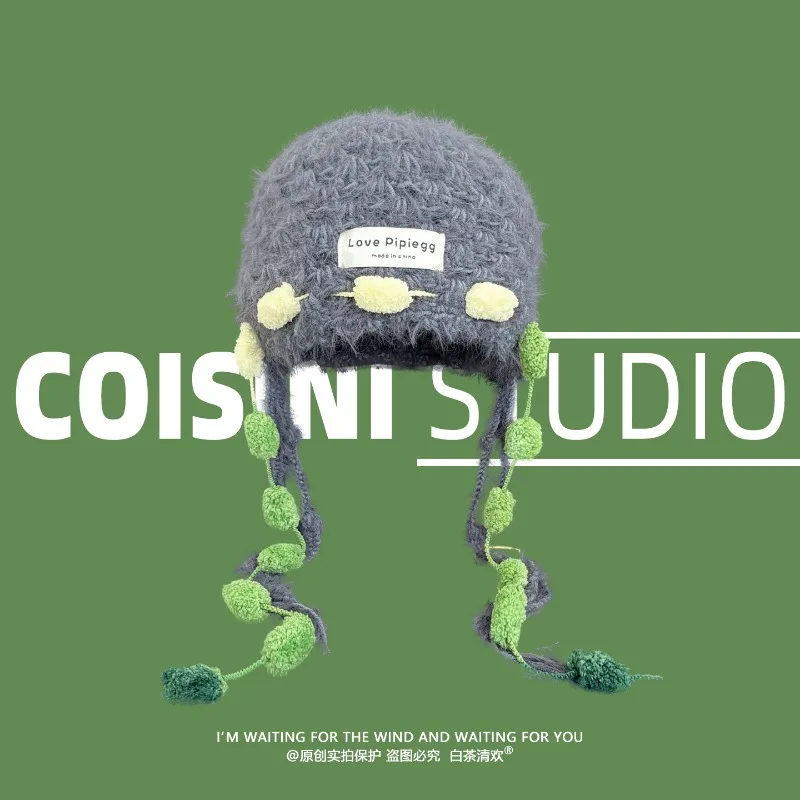 المتخصصة المنسوجة يدويا الأخضر بوم بوم بلوفر مغزول قبعة المرأة الخريف والشتاء الحلو المخملية الحرارية حزام واقي أذن قبعة قبعات #2